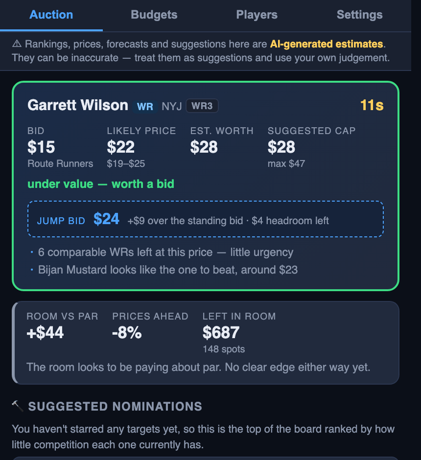 Caddie Auction tab: a live nomination card showing the player on the block with the current bid, likely price, estimated worth and a suggested cap, above room inflation stats and nomination suggestions.